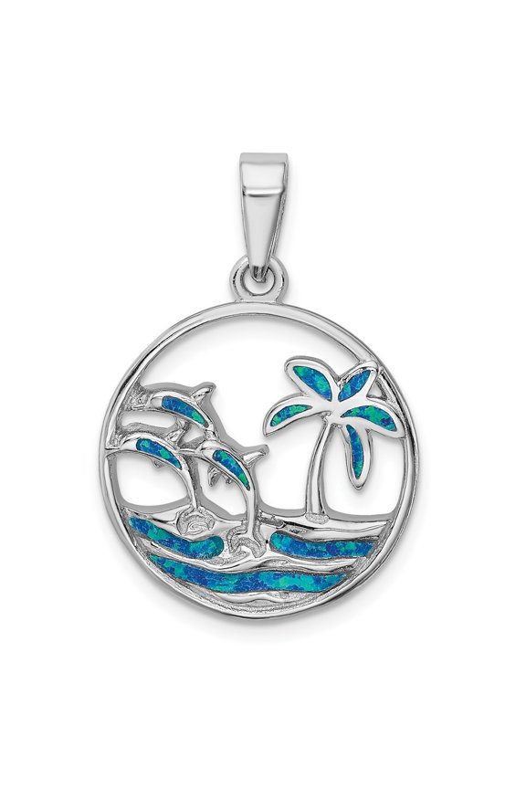 925 Sterling Silver Rhodium-Plated Blue Created Opal Dolphins Pendant for Women