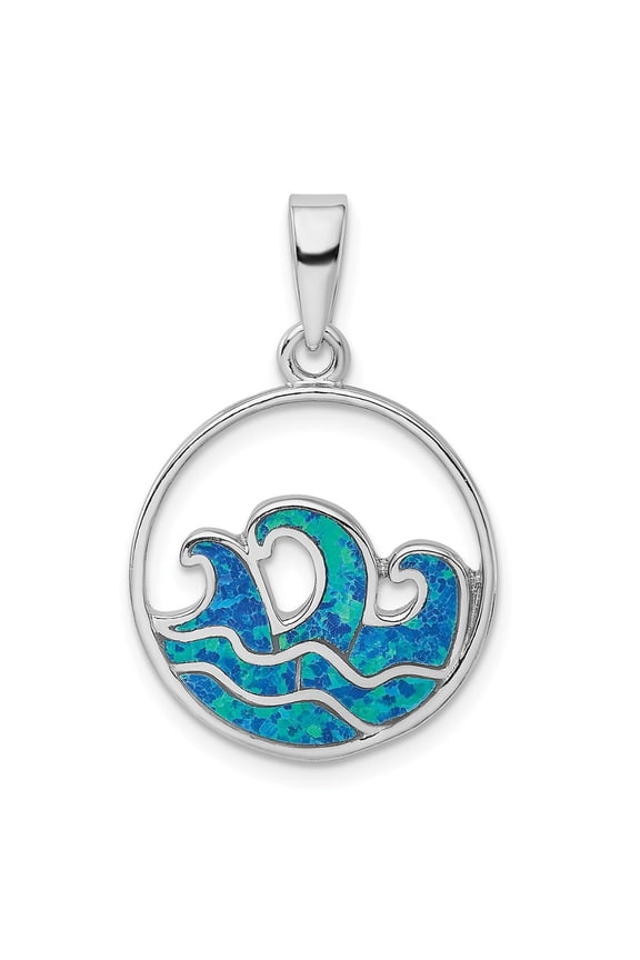 925 Sterling Silver Rhodium-Plated Blue Created Opal Wave Pendant for Women