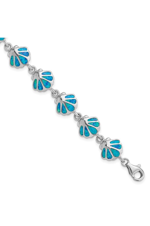 925 Sterling Silver Rhodium-Plated Created Blue Opal Inlay Shell Bracelet for Women 7"