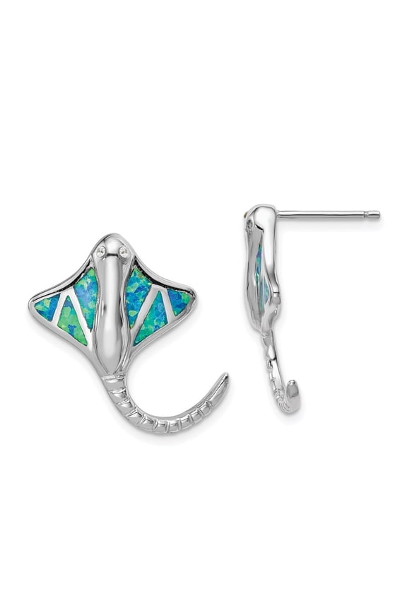 925 Sterling Silver Rhodium-Plated Created Blue Opal Stingray Post Earrings for Women