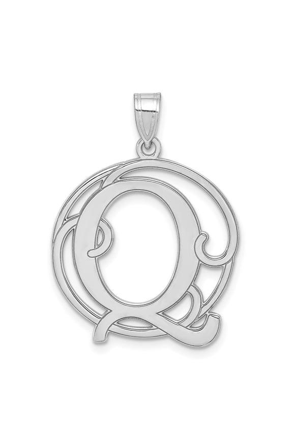 925 Sterling Silver Rhodium-Plated Fancy Script Letter Q Initial Pendant for Women