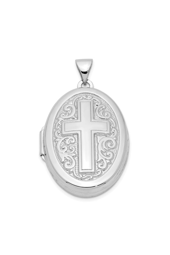 925 Sterling Silver Rhodium-Plated Oval Cross Locket Pendant for Women