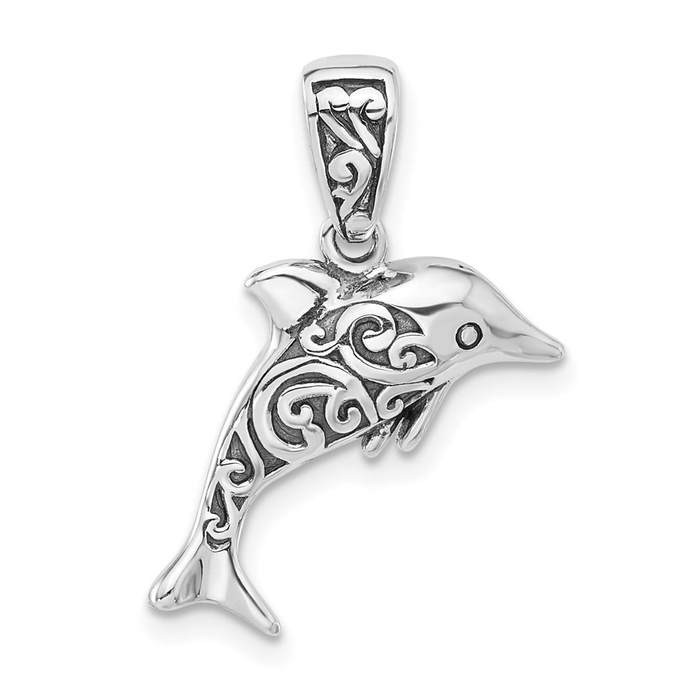 DIAMOND2DEAL INC Diamond2Deal 925 Sterling Silver Rhodium-Plated Oxidized Dolphin Pendant for Women (L- 0.92 inch, W-0.77 inch)