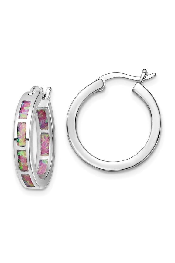 925 Sterling Silver Rhodium-Plated Pink Cr. Opal In/Out Round Hoop Earrings for Women