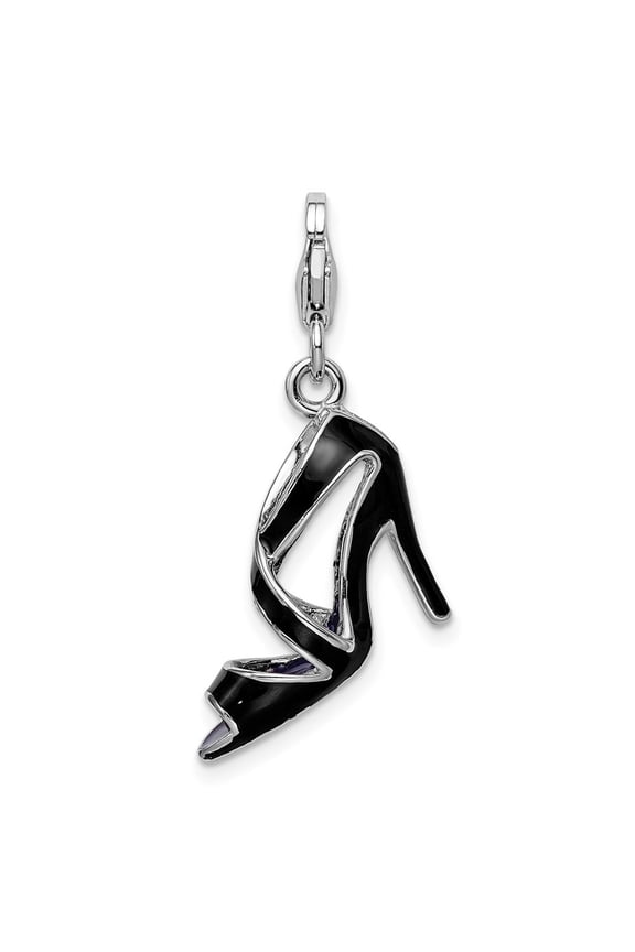 925 Sterling Silver Rhodium-Plated Polished 3-D Enameled Black High Heel Charm Pendant for Women