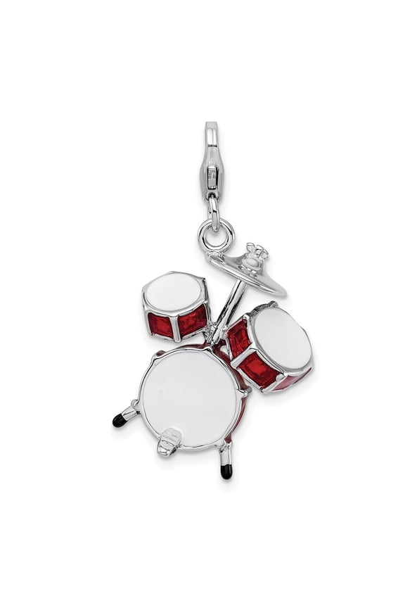 925 Sterling Silver Rhodium-Plated Polished 3-D Enameled Drum Set Charm Pendant for Women
