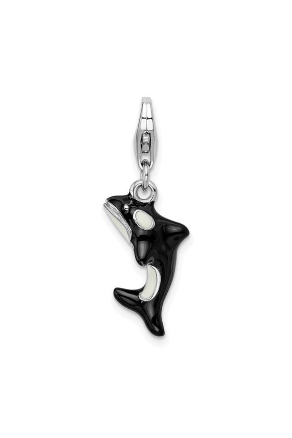 925 Sterling Silver Rhodium-Plated Polished 3-D Enameled Orca Whale Charm Pendant for Women