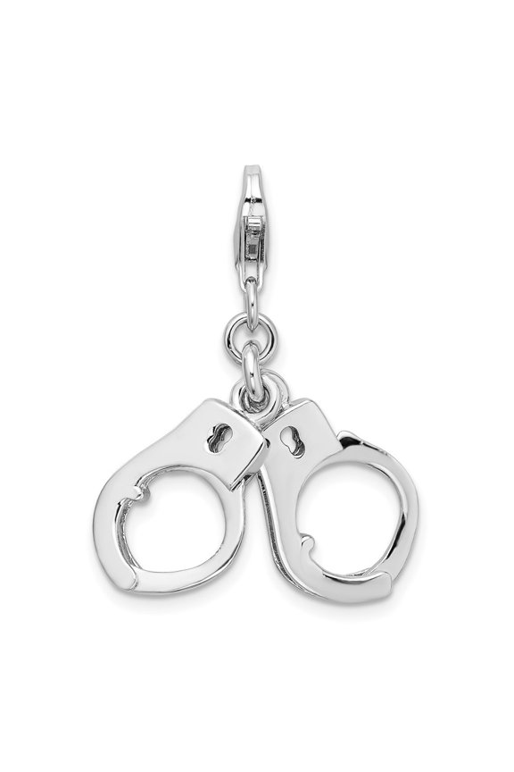 925 Sterling Silver Rhodium-Plated Polished 3-D Moveable Hand Cuffs Charm Pendant for Women