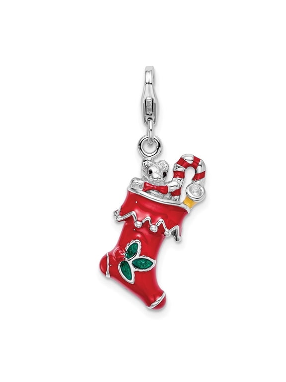 925 Sterling Silver Rhodium-Plated Polished 3-D Red Enameled Holiday Stocking Charm Pendant for Women