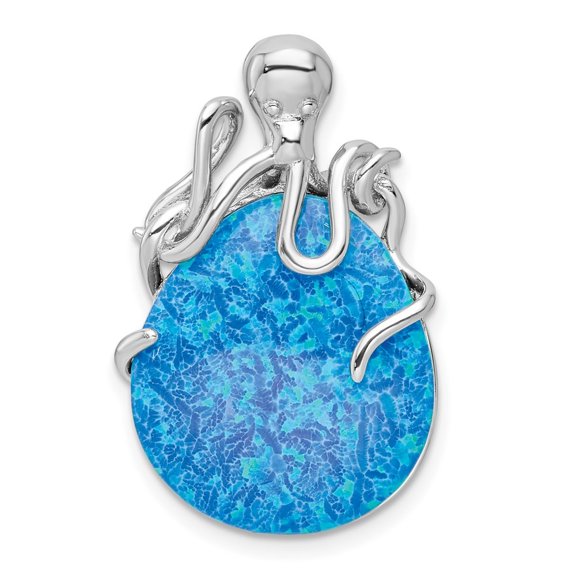 Diamond2Deal 925 Sterling Silver Rhodium-Plated Polished Blue Created Opal Octopus Chain Slide Pendant for Women