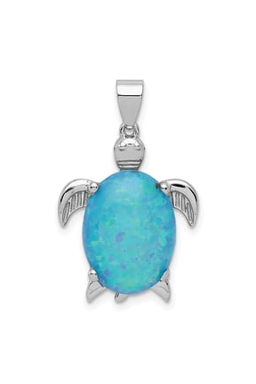 925 Sterling Silver Rhodium-Plated Polished Created Blue Opal Inlay Sea Turtle Pendant for Women