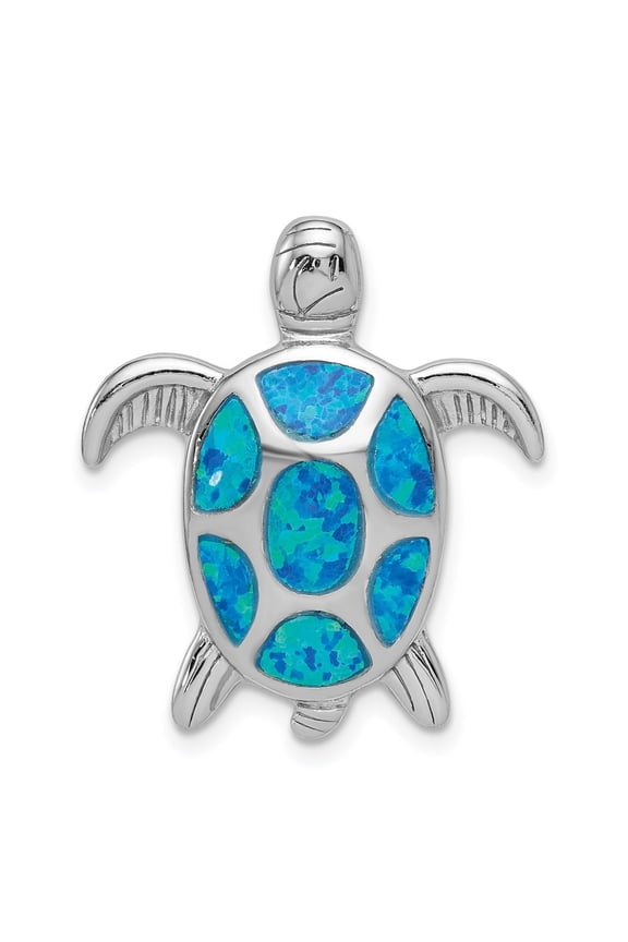 925 Sterling Silver Rhodium-Plated Polished Created Blue Opal Turtle Slide Pendant for Women