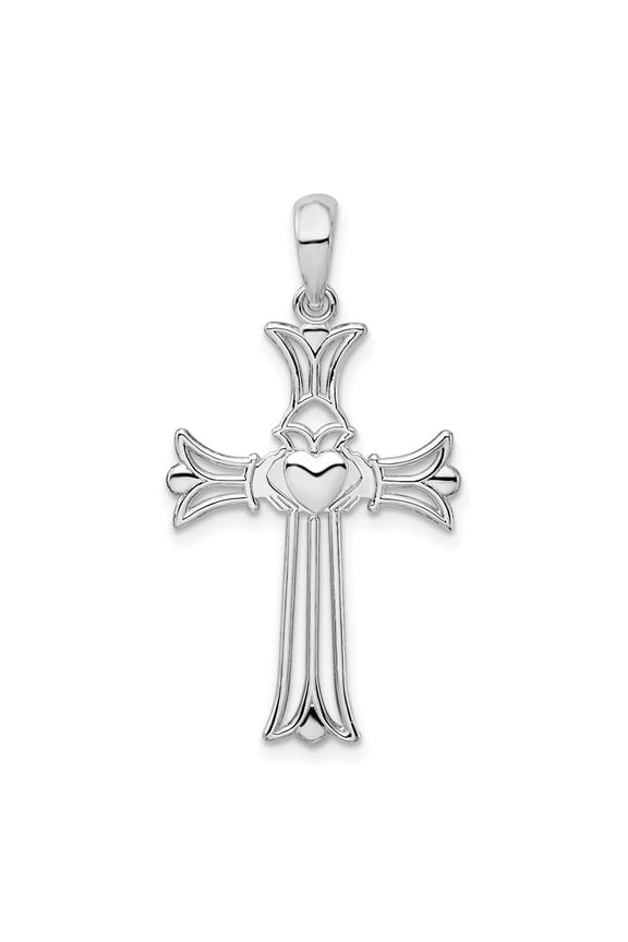 925 Sterling Silver Rhodium-Plated Polished Cut-Out Claddagh Cross Pendant for Women