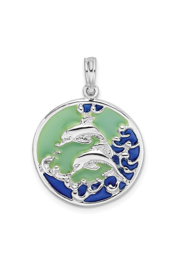 925 Sterling Silver Rhodium-Plated Polished Enameled Dolphins Pendant for Women