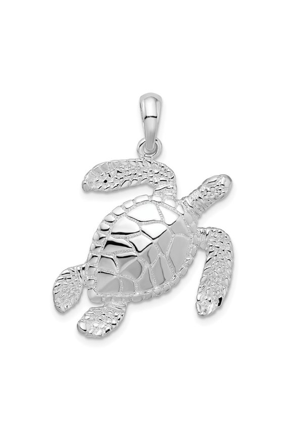 925 Sterling Silver Rhodium-Plated Polished Large Swimming Sea Turtle Pendant for Women