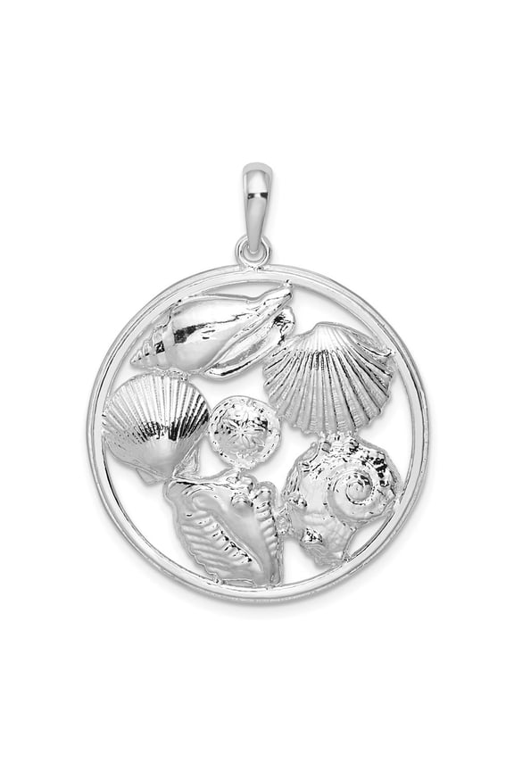 925 Sterling Silver Rhodium-Plated Polished Shells Large Round Pendant for Women