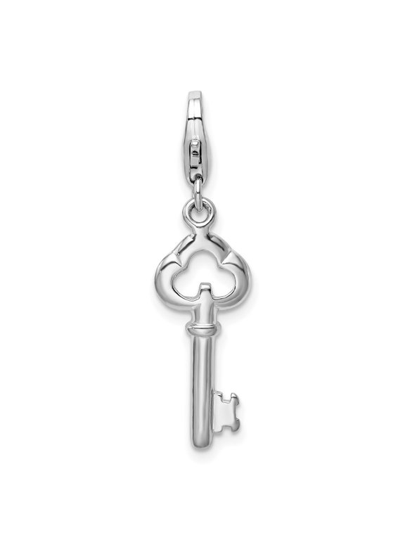 925 Sterling Silver Rhodium-Plated Polished Skeleton Key Charm Pendant for Women