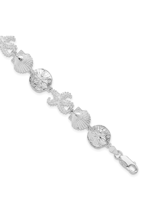 925 Sterling Silver Rhodium-Plated Polished Starfish / Shell / Sand Dollar Bracelet for Women 7.25"