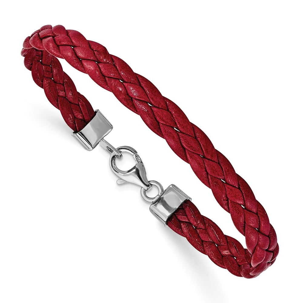 Diamond2Deal 925 Sterling Silver Rhodium Plated Red Braided Leather Bracelet for Men 7"