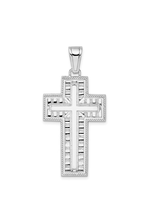 925 Sterling Silver Rhodium-Plated Rope Edge Latin Cross Pendant for Women