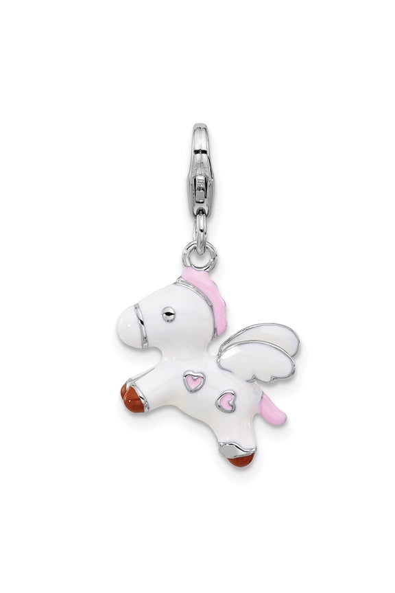 925 Sterling Silver Rhodium-Plated White/Pink/Black and Red Enameled Pegasus Charm Pendant for Women
