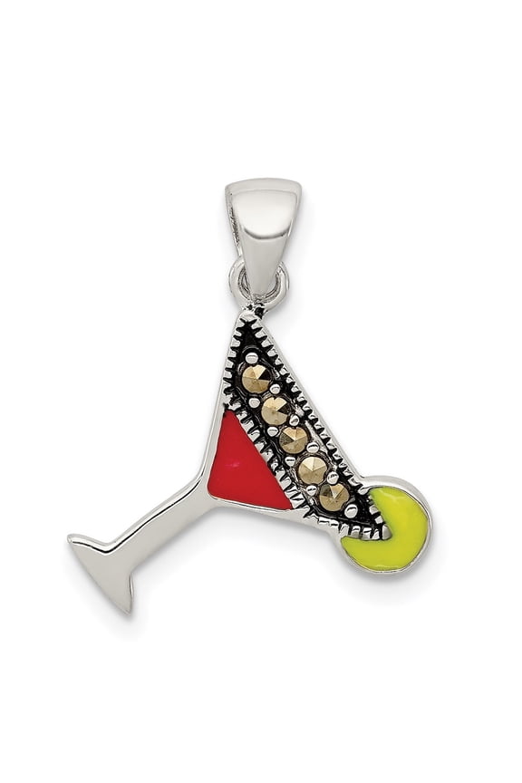 925 Sterling Silver Rhodium-Plated and Hematite-Plated Marcasite Red and Green Enameled Martini Pendant for Women