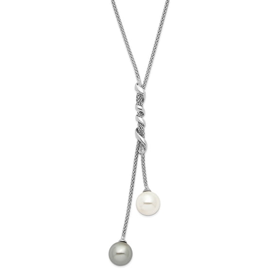 Diamond2Deal 925 Sterling Silver Rhodium-plated 10-11 mm White and Grey Imitation Shell Pearl Spring Ring Clasp 18.5 inch Necklace for Women 18.5"