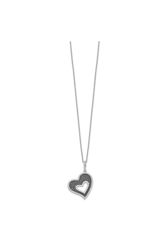 925 Sterling Silver Rhodium-plated 170 Stone Micro Pav Black and White Cubic Zirconia Heart Necklace with 2 Inch Extender for Women 18"