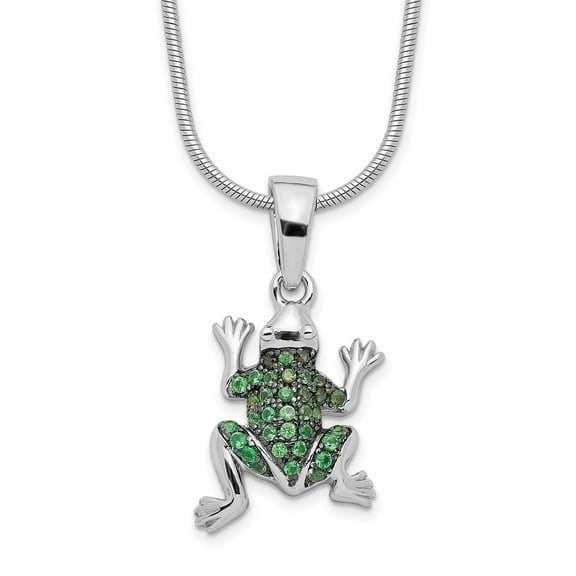 Diamond2Deal 925 Sterling Silver Rhodium-plated 34 Stone Micro Pav‚ Green CZ Frog Necklace with 2 Inch Extender for Women 18"