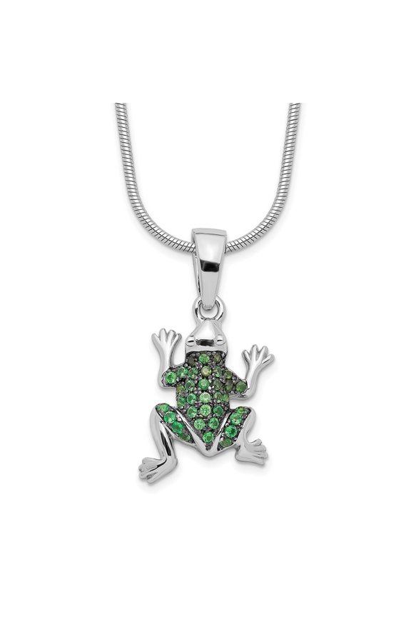 925 Sterling Silver Rhodium-plated 34 Stone Micro Pav Green CZ Frog Necklace with 2 Inch Extender for Women 18"