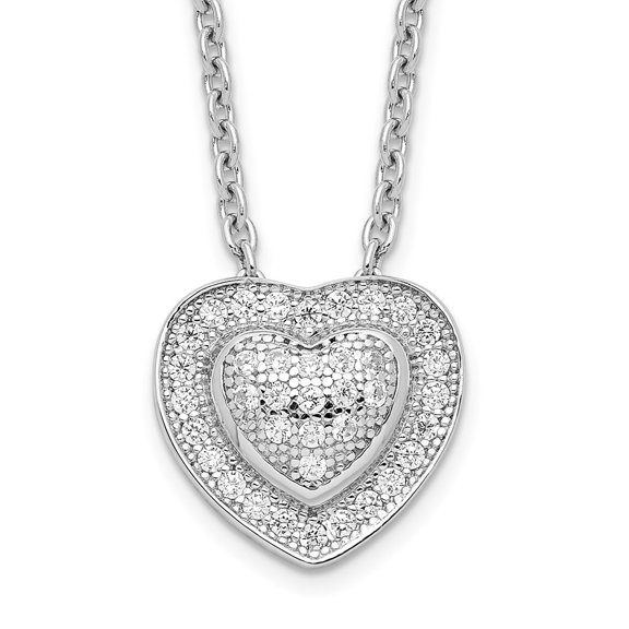 Diamond2Deal 925 Sterling Silver Rhodium-plated 38 Stone Micro Pav Cubic Zirconia Heart Necklace with 2 Inch Extender for Women 18"