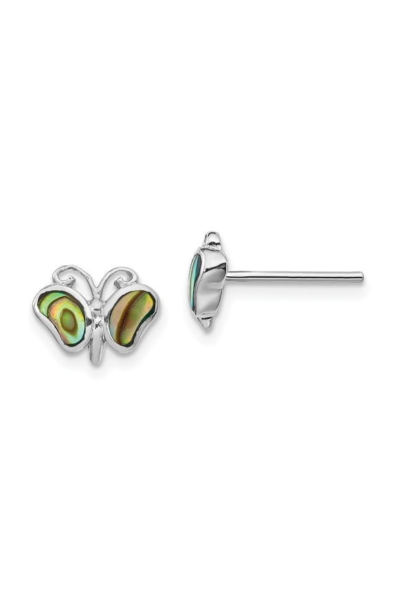 Diamond2Deal 925 Sterling Silver Rhodium-plated Abalone Pearl Butterfly Post Earrings for Women (L- 0.34 inch, W- 0.36 inch)