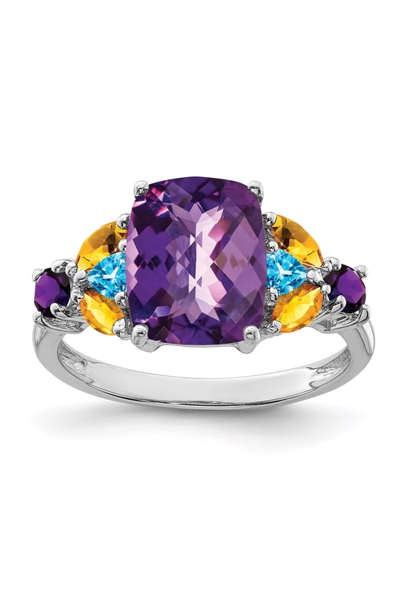 925 Sterling Silver Rhodium-plated Amethyst, Blue Topaz & Citrine Ring for Women Size- 5