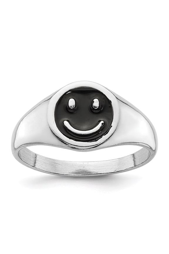 925 Sterling Silver Rhodium-plated Black Enamel Smiley Face Ring for Women Size- 8