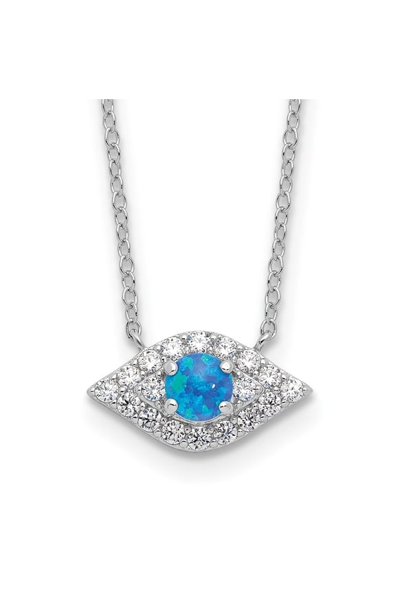 925 Sterling Silver Rhodium-plated CZ Blue Cr. Opal Evil Eye w/2in ext. Necklace for Women 18"