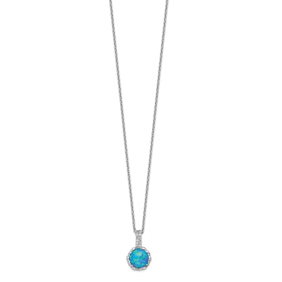 Diamond2Deal 925 Sterling Silver Rhodium-plated Cabochon Lab Created Blue Opal and Brilliant-cut CZ Necklace for Women 18.25"