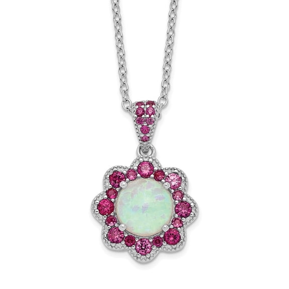 Diamond2Deal 925 Sterling Silver Rhodium-plated Cabochon Lab Created Opal and Brilliant-cut Red Nano Crystal Flower Necklace for Women 18"