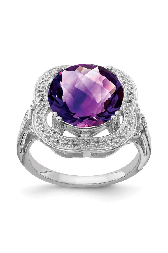 925 Sterling Silver Rhodium-plated Checker-Cut Amethyst Ring for Women Size- 7