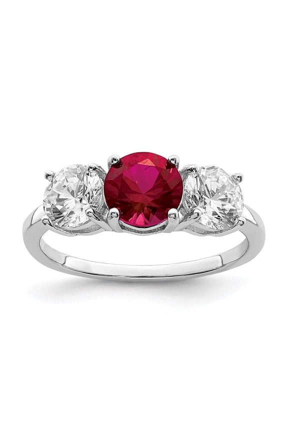 925 Sterling Silver Rhodium-plated Created Corundum & Cubic Zirconia 3 Stone Ring for Women Size- 8