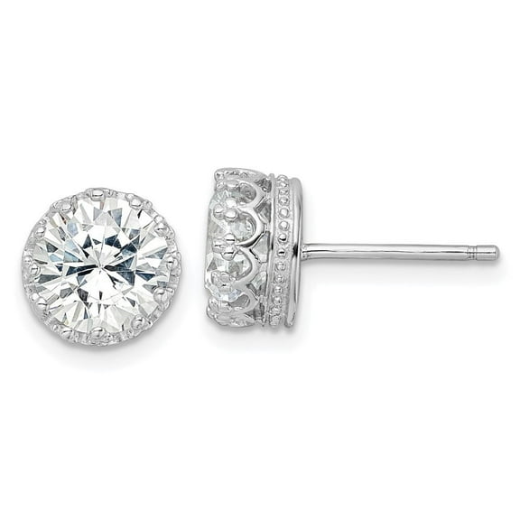 Diamond2Deal 925 Sterling Silver Rhodium-plated Cubic Zirconia 8mm Crown Post Stud Earrings for Women (L- 0.37 inch, W- 0.37 inch)
