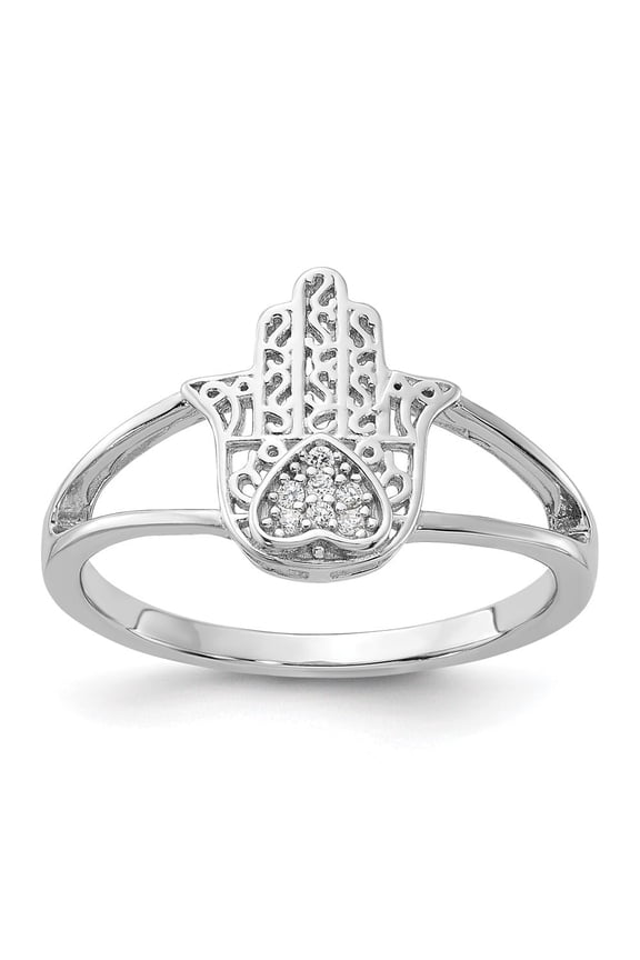 925 Sterling Silver Rhodium plated Cubic Zirconia Heart Hamsa Ring for Women Size- 7
