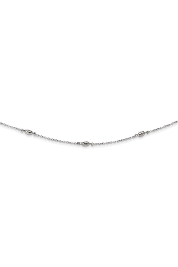 Diamond2Deal 925 Sterling Silver Rhodium-plated Diamond-Cut Oval Beads with 3" ext. Choker Cable Chain Necklace for Women 12"