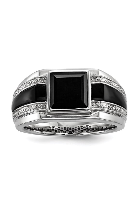 925 Sterling Silver Rhodium-plated Diamond and Onyx Men's Ring Size- 10
