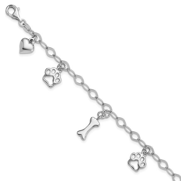 Diamond2Deal 925 Sterling Silver Rhodium-plated Dog Bone Paw Heart Charm Cable Chain Bracelet for Men 7.5"