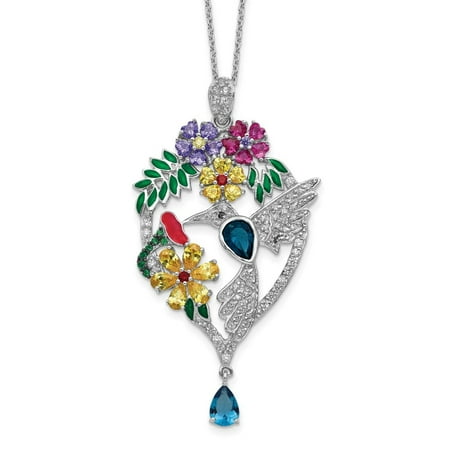 Diamond2Deal 925 Sterling Silver Rhodium-plated Enameled Multicolor Brilliant-cut Glass and CZ Floral Hummingbird Necklace for Women 18" price history and forecast - Diamond2Deal D2D-QG-QCM607-18