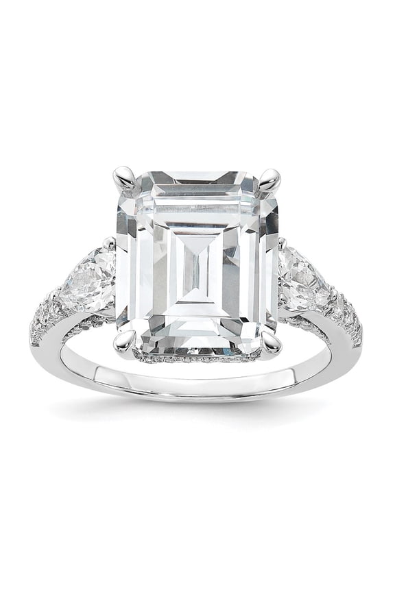 925 Sterling Silver Rhodium-plated Fancy Emerald-cut and Brilliant-cut Cubic Zirconia Ring for Women Size- 9