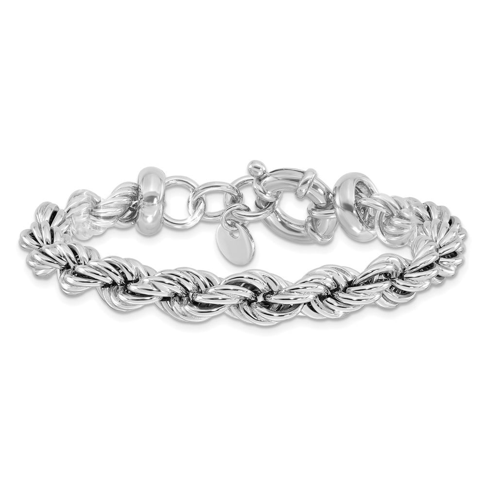Diamond2Deal 925 Sterling Silver Rhodium-plated Hollow with .5" ext. Rope Chain Bracelet for Men 7.5"