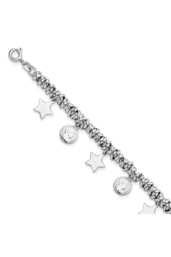 Diamond2Deal 925 Sterling Silver Rhodium-plated Polished Coin and Star Charm with 1" ext. Chain Bracelet for Women 7.5"