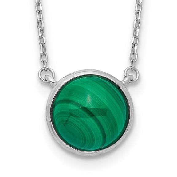 Diamond2Deal 925 Sterling Silver Rhodium-plated Round Malachite Cabochon Necklace for Women 17.5"