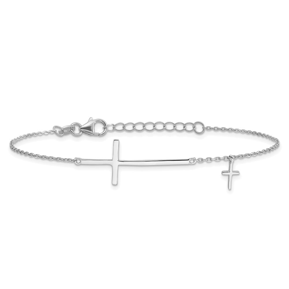 Diamond2Deal 925 Sterling Silver Rhodium-plated Sideways Cross with 1" ext. Cable Chain Bracelet for Men 8"